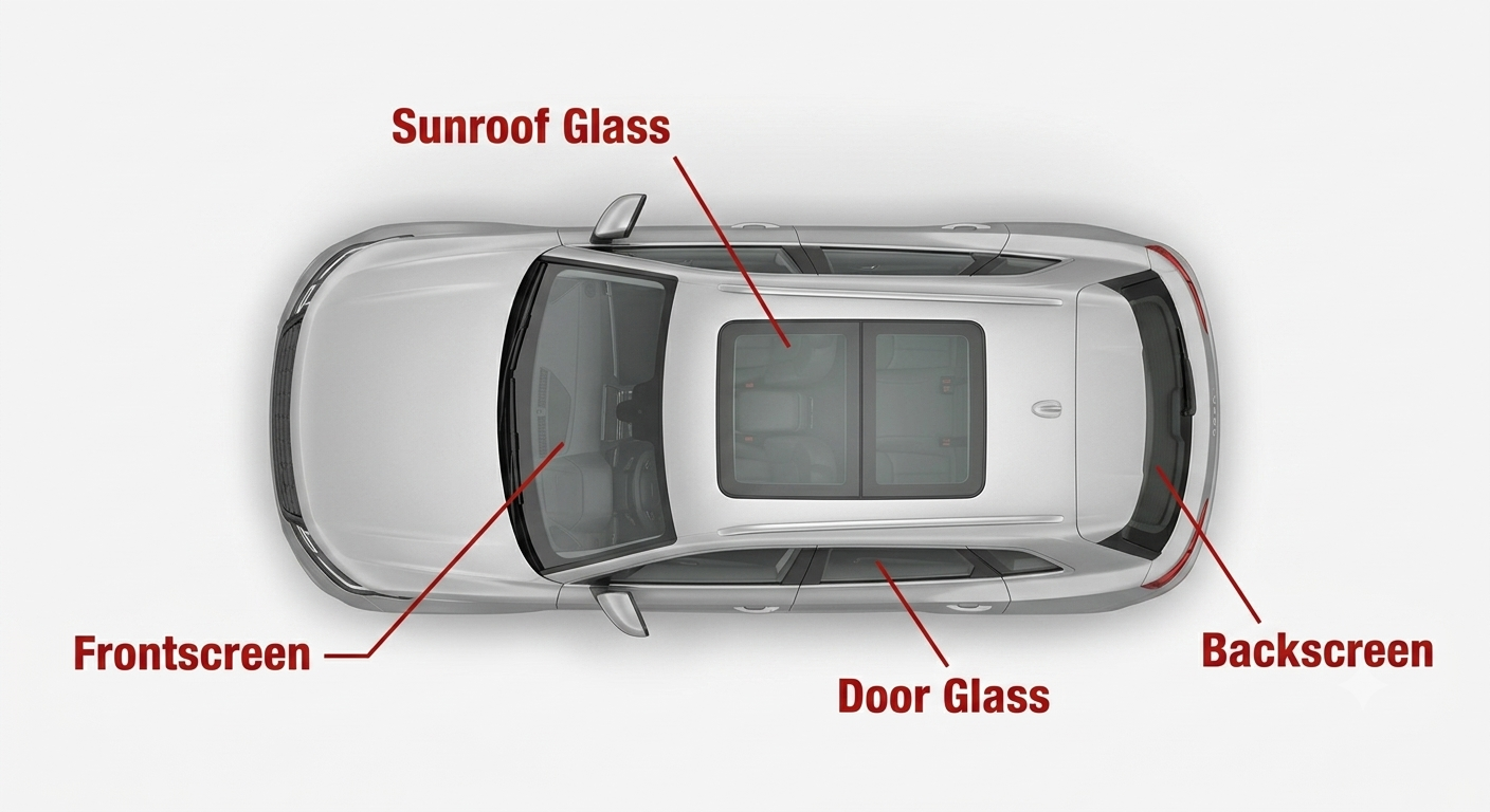 Top-down car diagram labelling frontscreen, sunroof glass, door glass, and backscreen replacement areas