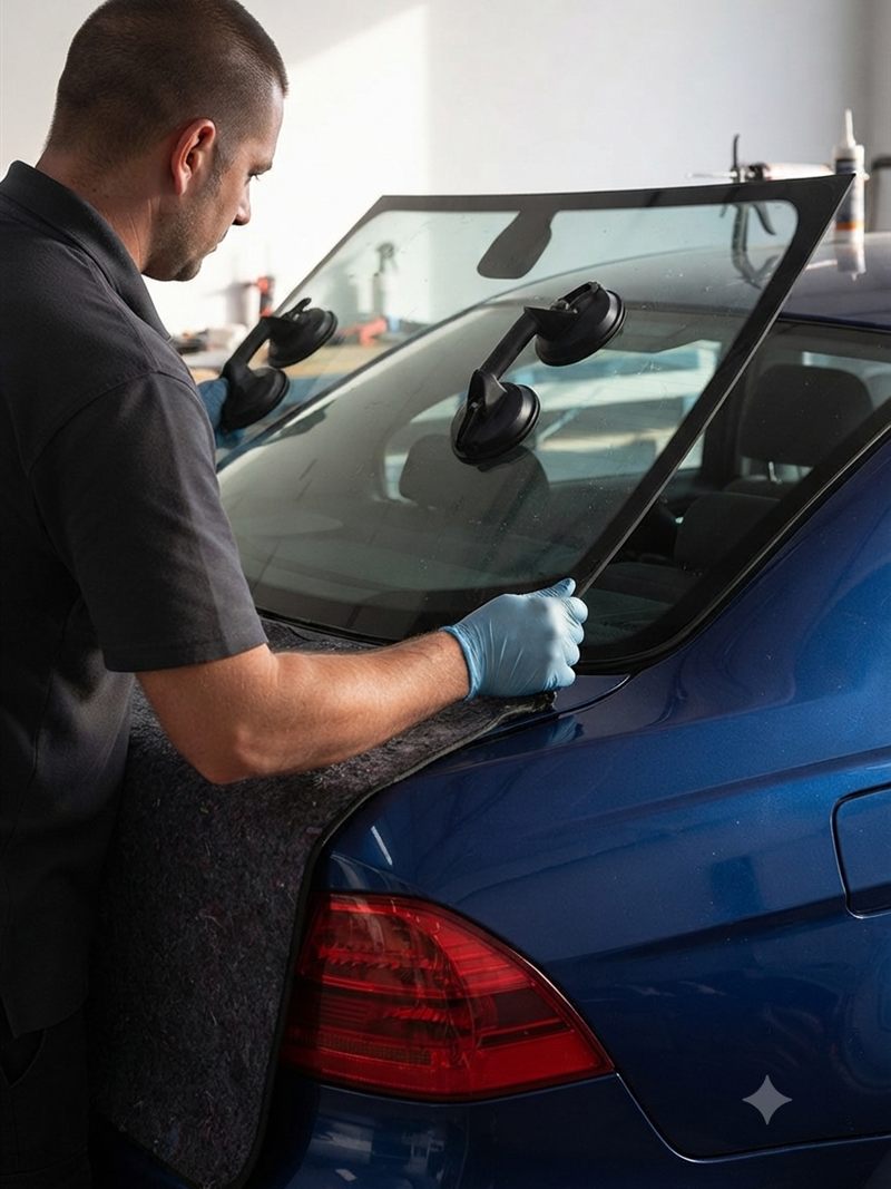 Rear windscreen replacement on blue car with tail light visible